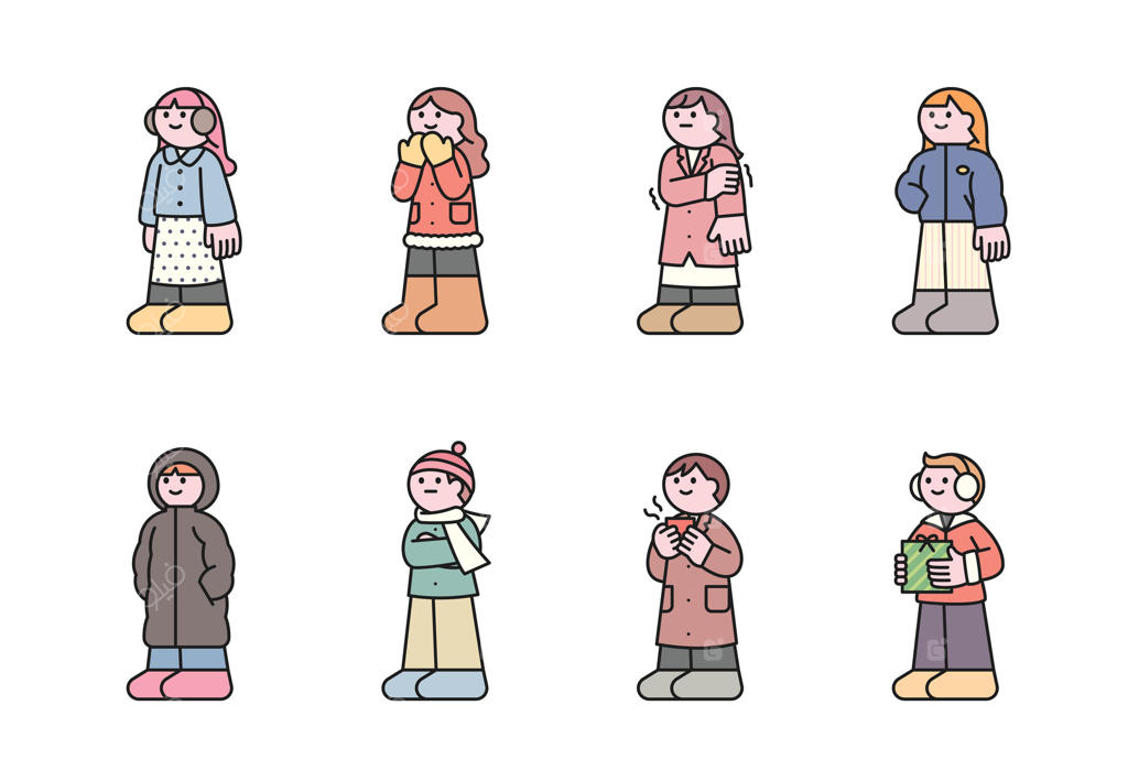 مجموعه‌ی جذاب هشت شخصیت کارتونی دختر و پسر با لباس‌های گرم زمستانی