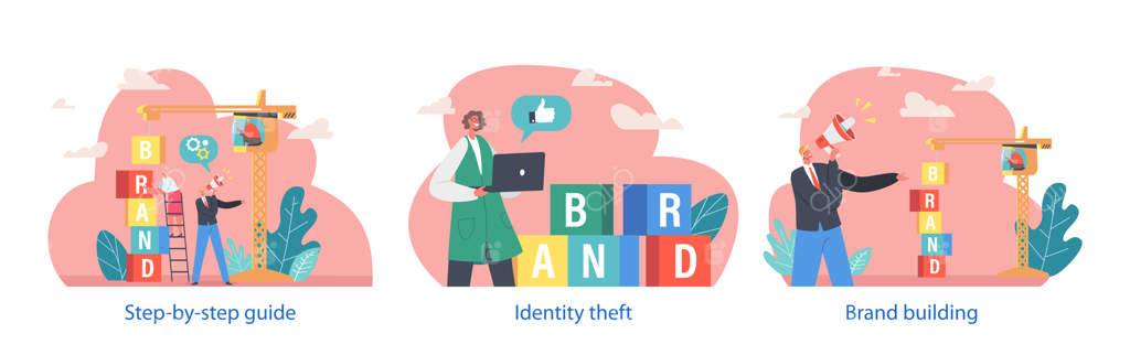 عناصر مجزای ساخت برند: فرآیند استراتژیک ایجاد و تقویت هویت، اعتبار و وفاداری مشتری برند از طریق بازاریابی پیوسته با تصویرسازی کارتونی وکتور