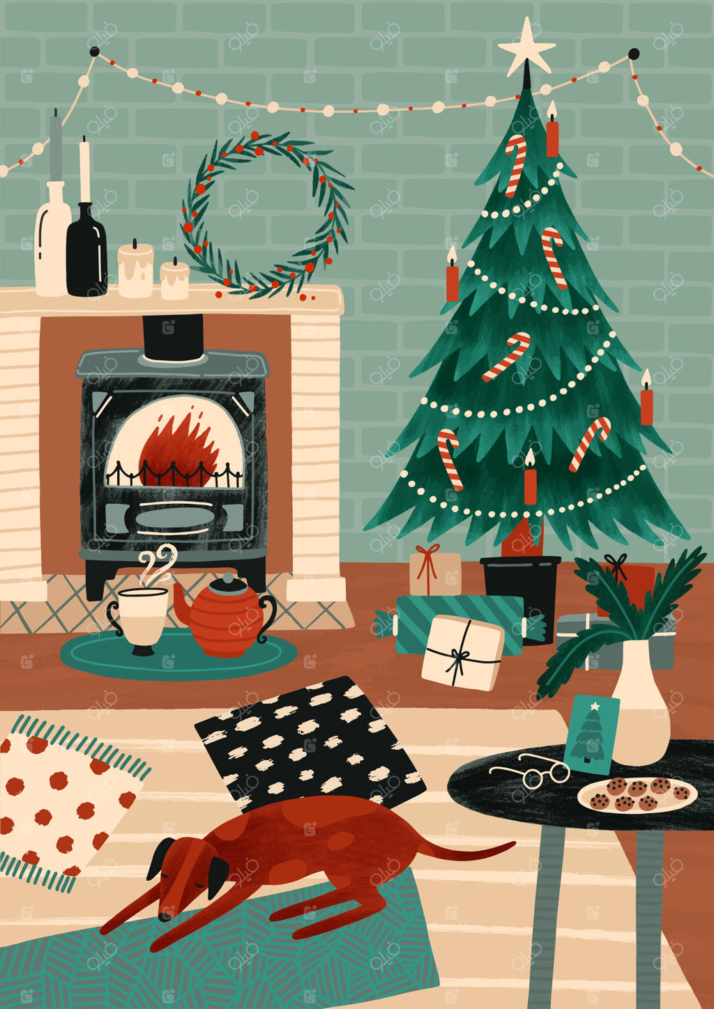 قالب کارت تبریک یا کارت پستال با اتاق دنج و تزیین شده برای تعطیلات