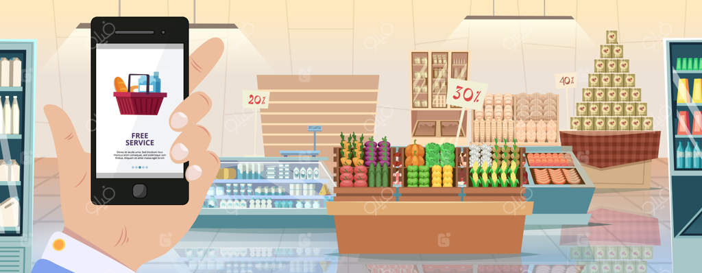 اپلیکیشن موبایل فروشگاه مواد غذایی: تحویل غذا و خرید آنلاین از طریق گوشی هوشمند، طراحی داخلی سوپرمارکت و خرید اینترنتی سوپرمارکت.