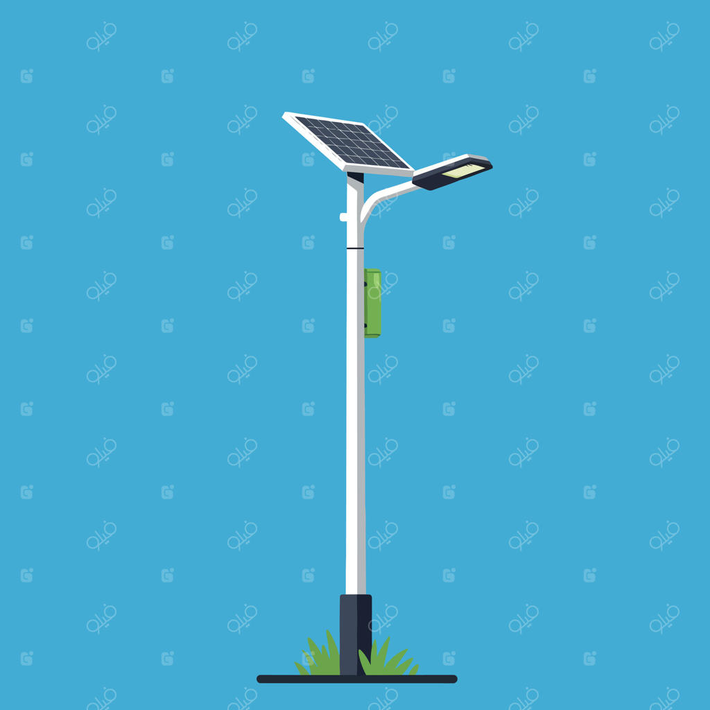 چراغ خیابانی خورشیدی با پنل و باتری؛ تصویری بر روی پس‌زمینه آبی برای صرفه‌جویی در انرژی