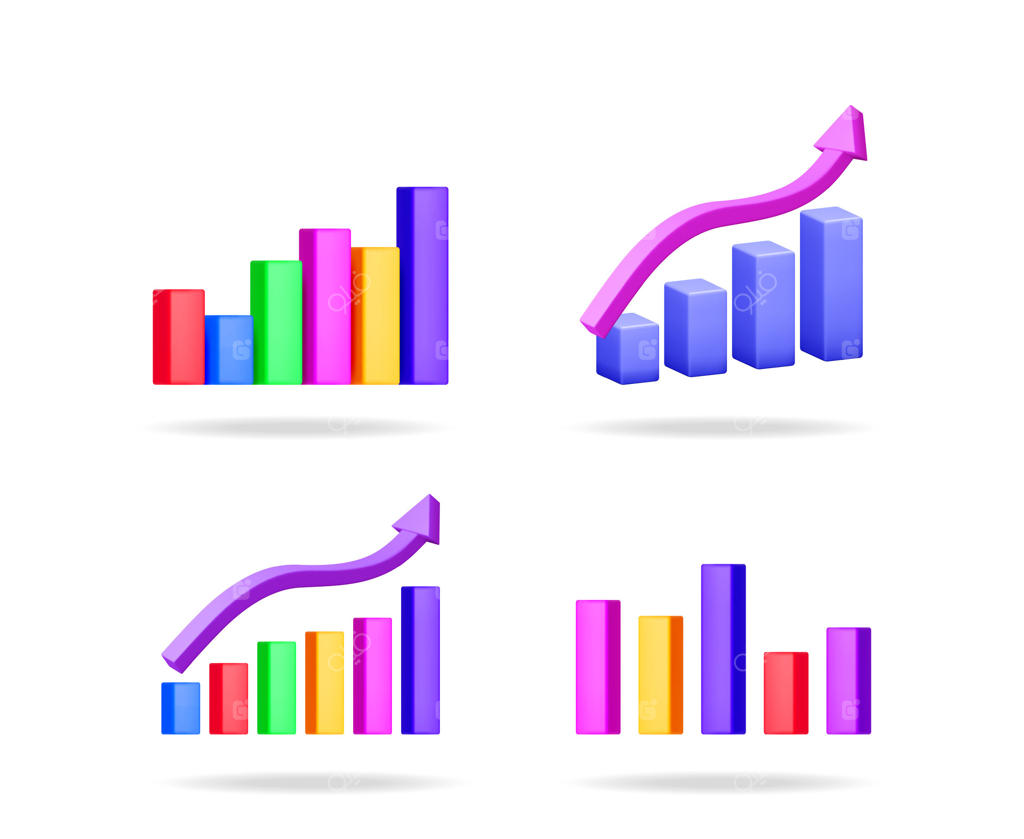 نمودار نوار رنگی برای تحلیل کسب‌وکار. نمودار با فلش رو به بالا برای داده‌های مالی. تصویر سه‌بعدی برای اینفوگرافیک‌های آماری.