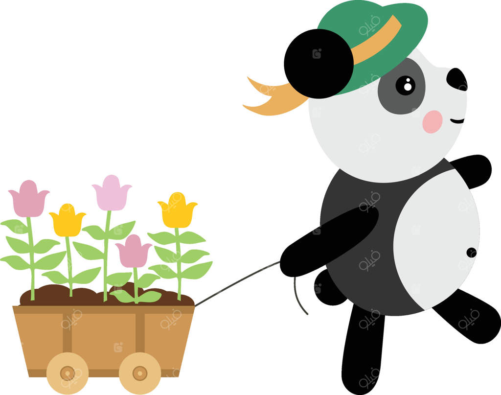 پاندای باغبان در حال کشیدن چرخ‌دستی چوبی پر از گل‌ها