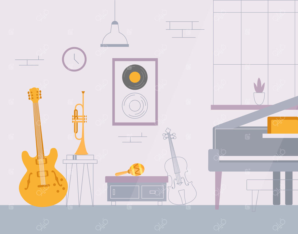 تصویرسازی وکتوری از پس‌زمینه مطالعه برای نواختن آلات موسیقی