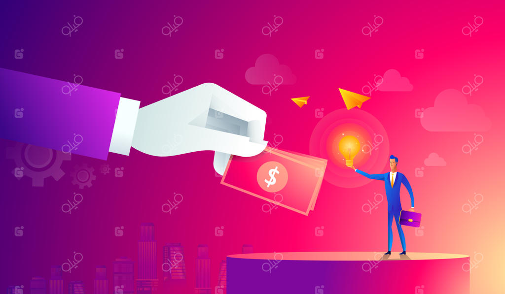 تاجر با لامپ روشن و دستی دیگر که پول می‌دهد. مفهوم سرمایه‌گذاری جمعی، نوآوری، ایده و سرمایه‌گذاری‌ها. آیکون‌های سبک تخت. تصویرسازی