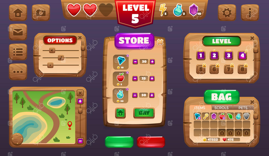 کیت رابط کاربری بازی - منوی کارتونی و سازنده رابط کاربری برای بازی RPG: عناصر نقشه، سطح، شخصیت، موجودی و جدول دستاوردها (مجموعه وکتور)