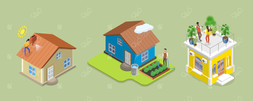 تصویر سه‌بعدی ایزومتریک از باغچه پشت‌بام و پاسیو با چشم‌انداز شهری