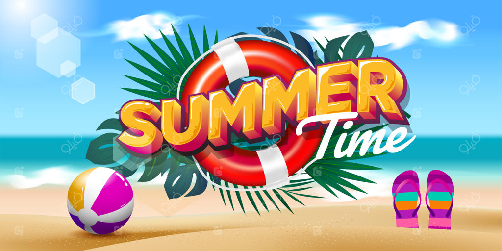 تصویر تابستانی با برگ‌های استوایی و پس‌زمینه ساحلی