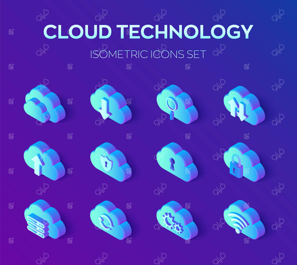 فناوری ابری: مجموعه‌ای از آیکون‌های ایزومتریک سه‌بعدی.