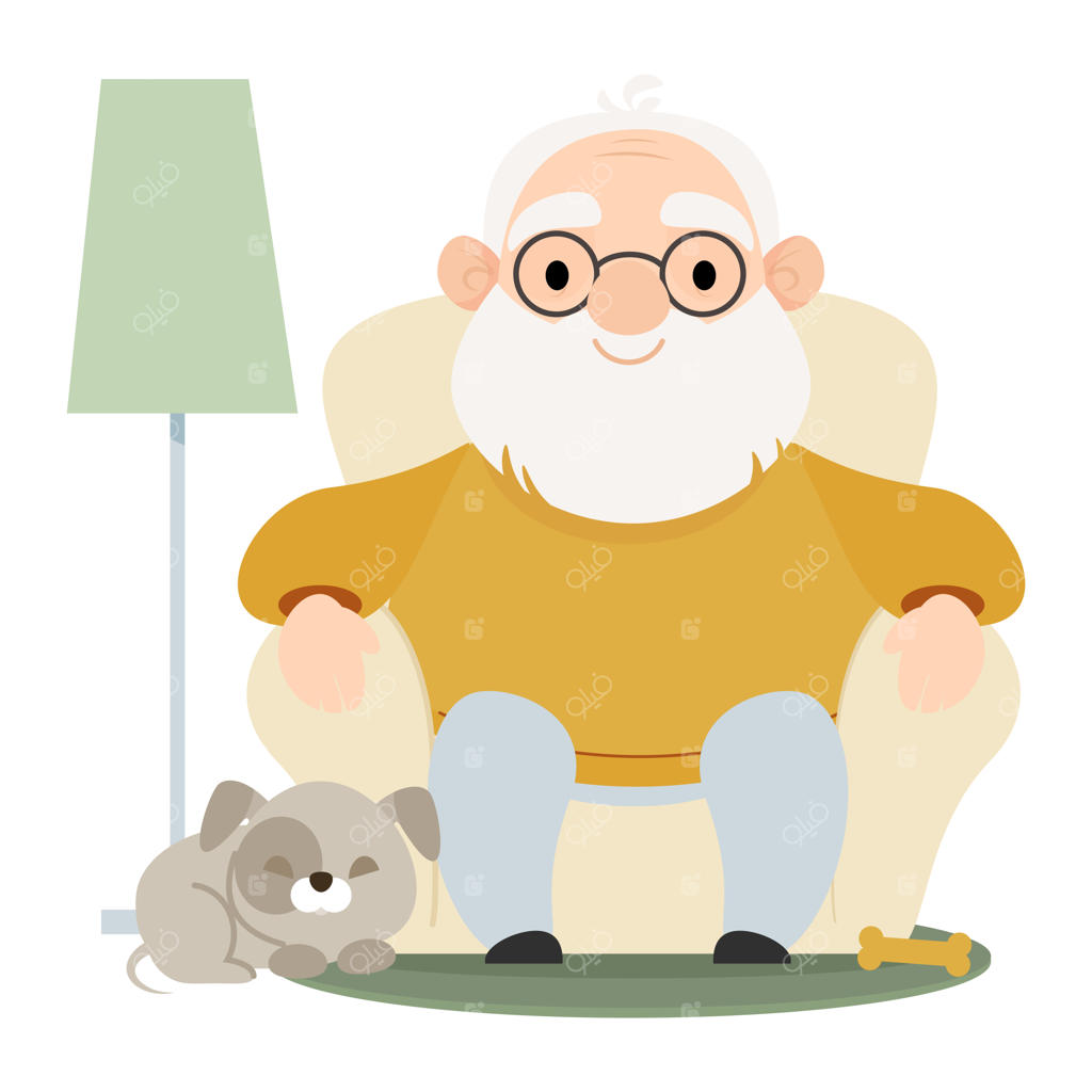 مرد سالمند نشسته روی مبل راحتی در خانه با سگی که در کنارش دراز کشیده است