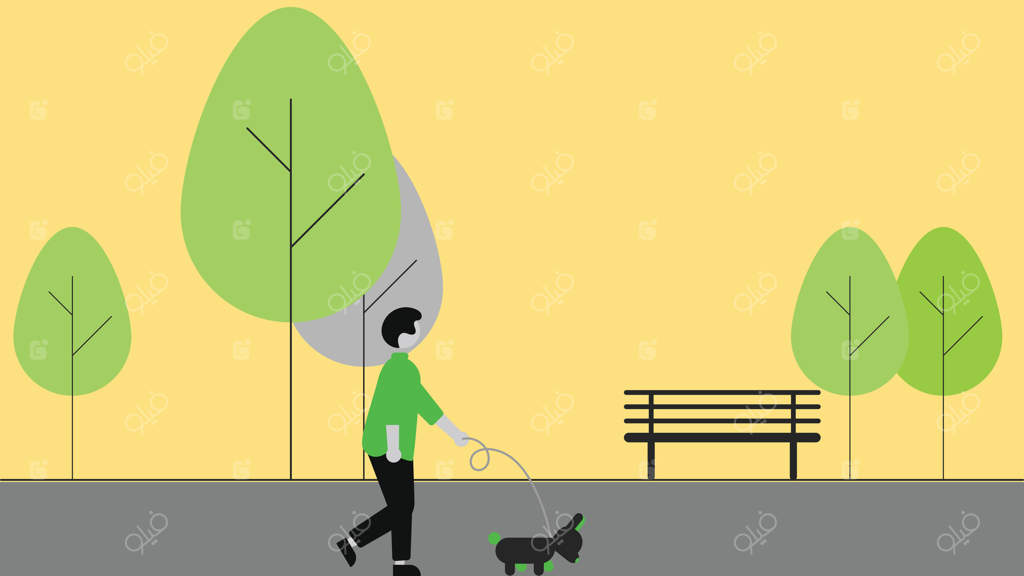 تصویرسازی ساده از مردی که سگش را در باغ راه می‌برد