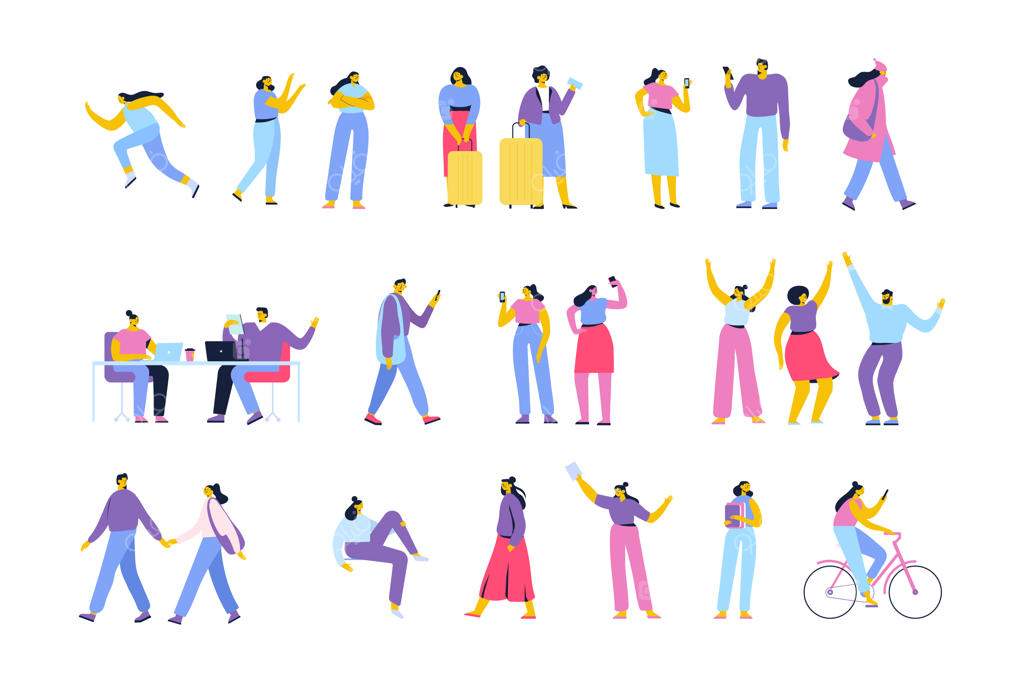 سیلوئت زنان و مردان، جمعیت و زندگی شهری. وکتور کاراکترهای تخت و ایزوله از افراد مختلف