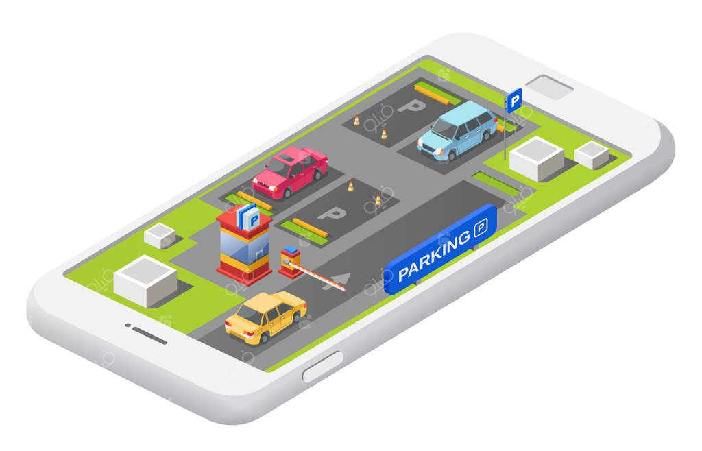 مفهوم پارکینگ هوشمند با نقشه پارکینگ و خودروها در پارکینگ