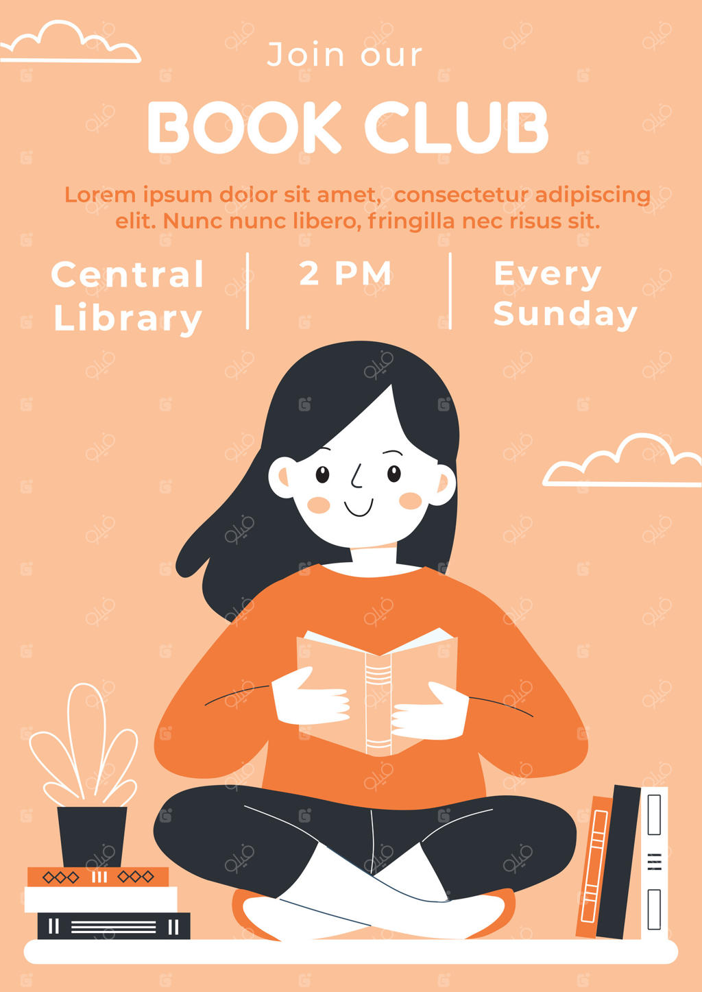 پوستر باشگاه کتاب با تصویر دختری که کتاب می‌خواند. تبلیغاتی برای باشگاه کتاب. قالبی برای پوستر کتابخانه، باشگاه مطالعه، مدرسه، فروشگاه کتاب. تصویرسازی.