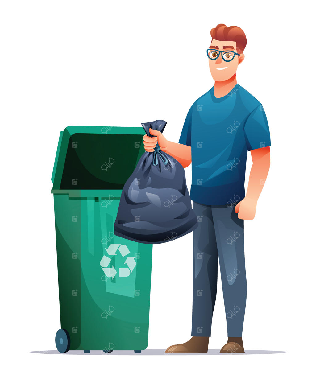 تصویری کارتونی از فردی با عینک که کنار سطل بازیافت، کیسه زباله در دست دارد