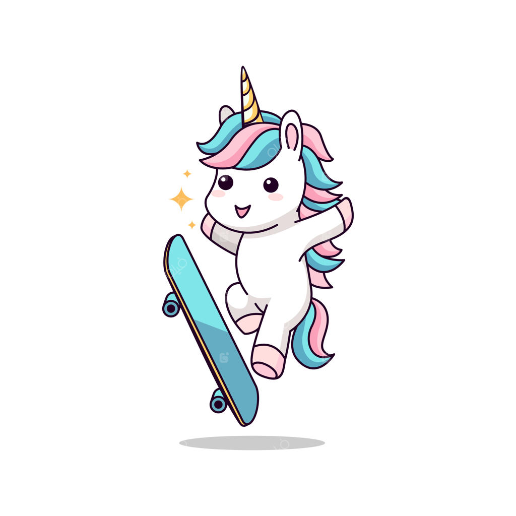 تک‌شاخ کارتونی تپل و بامزه در حال اسکیت‌سواری