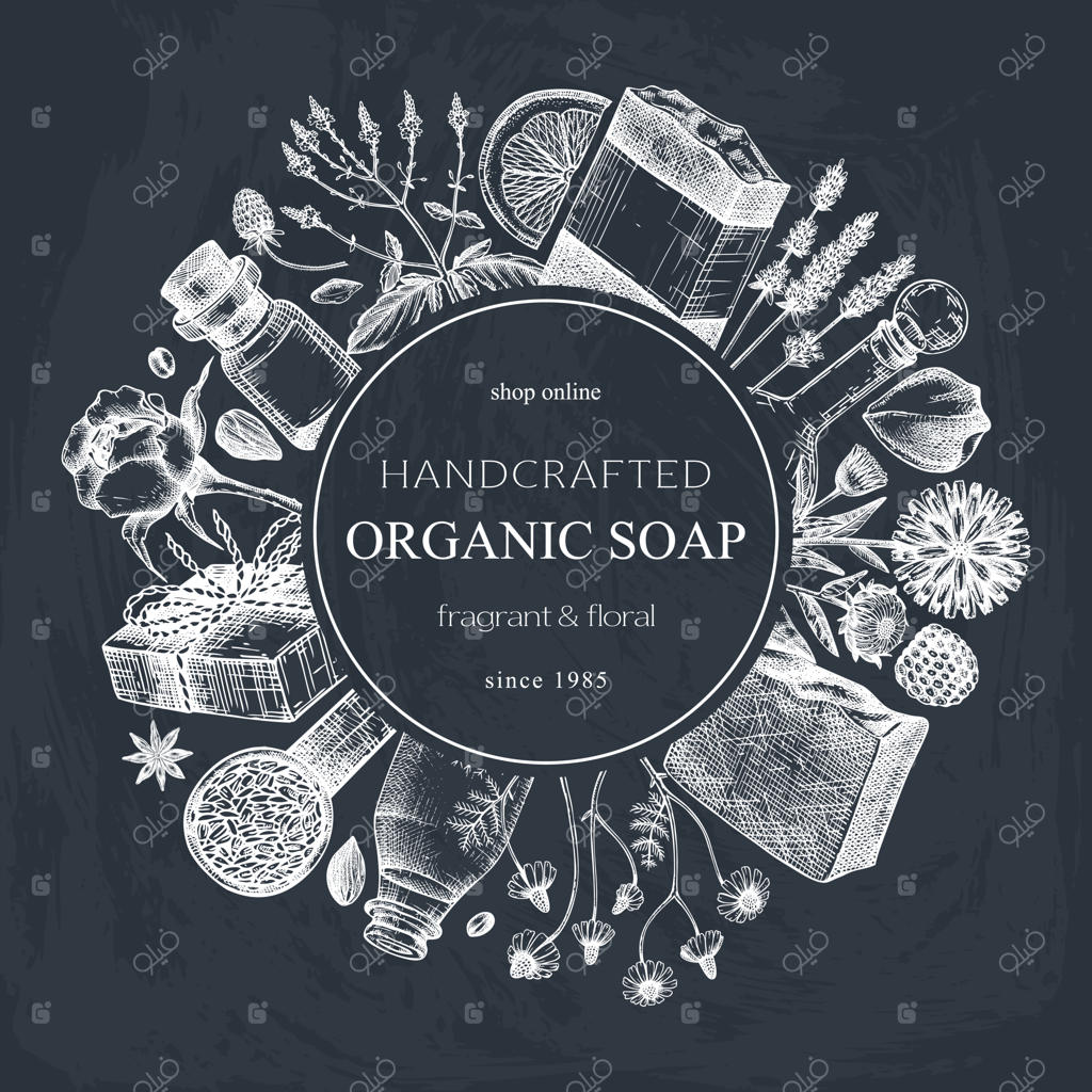 طراحی تاج گل صابونی دست کشیده بر روی تخته سیاه با مواد معطر برای لوازم آرایشی و صابون‌سازی