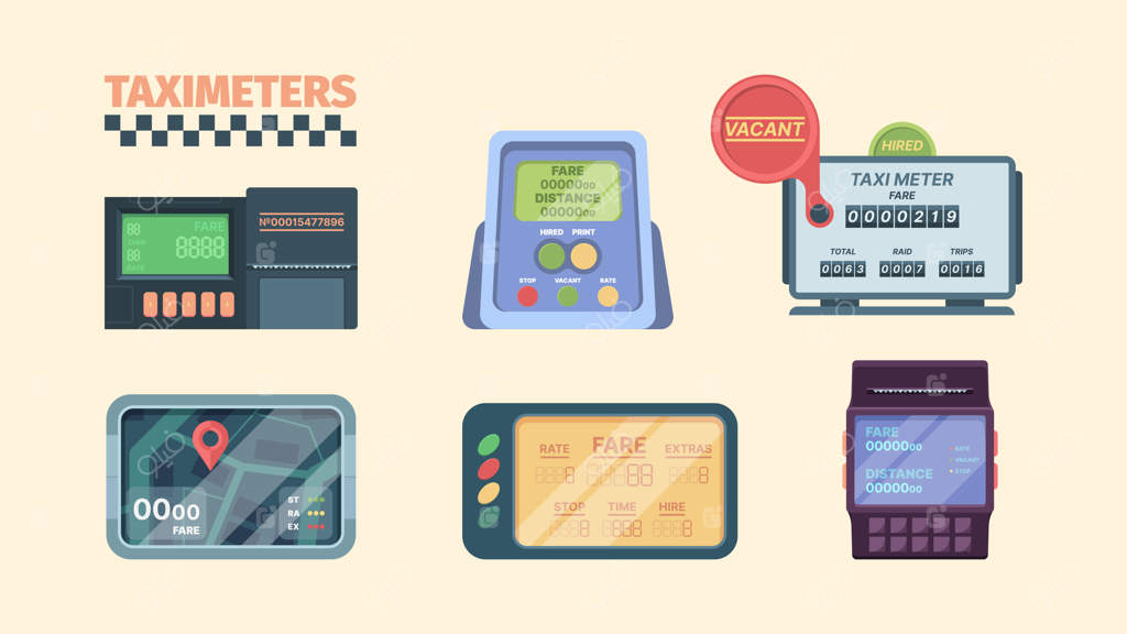 نمایشگر تاکسی‌متر در خودرو با قابلیت تشخیص سرعت برای حمل و نقل نقدی، مجموعه وکتور خودروی خدماتی رنگارنگ