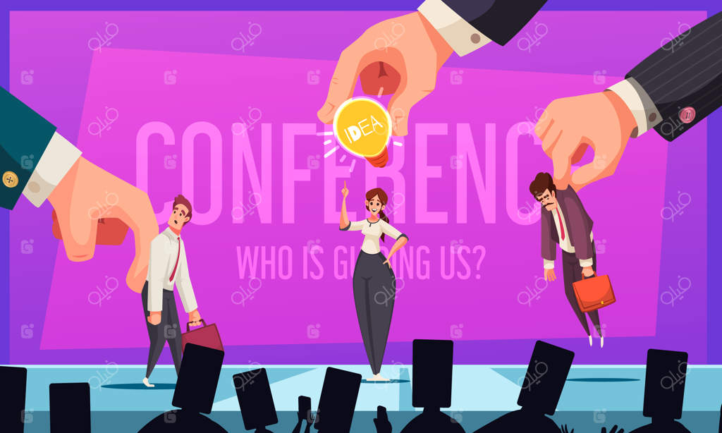 تصویرسازی کارتونی از صحنه‌ای با اشخاص تحت کنترل دست‌های غول‌پیکر عروسک‌گردان و تماشاگرانی با سرهایی به شکل گوشی هوشمند