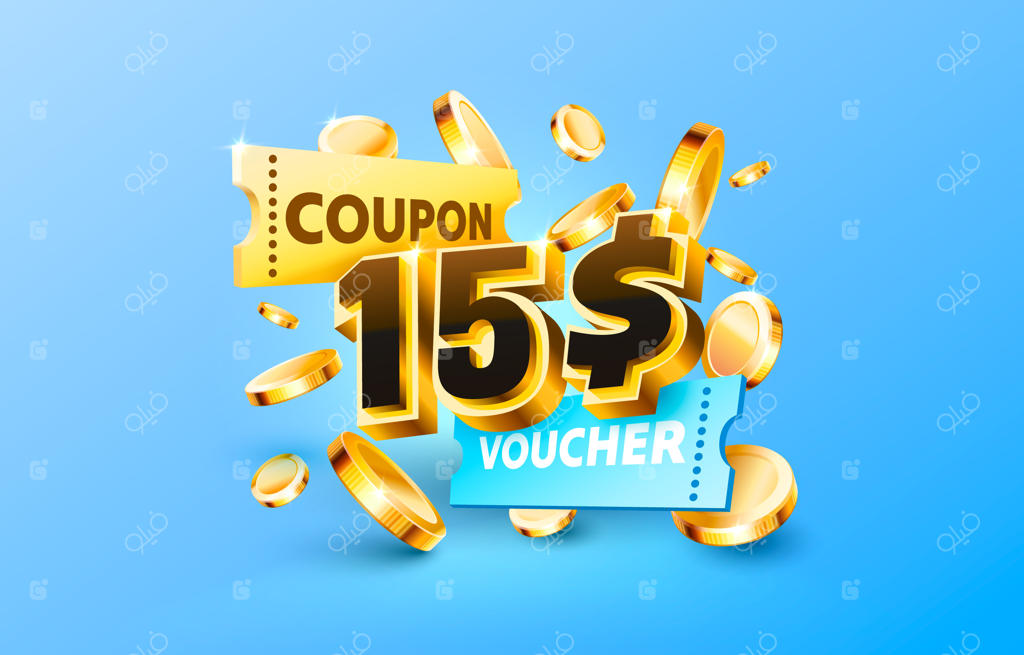 بنر ویژه تخفیف نقدی کوپن ۱۵ دلاری وکتور هدیه