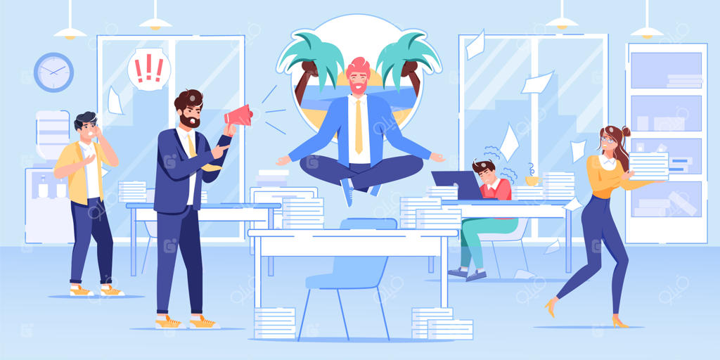 مدیر کاریکاتوری و کارکنان اداره در صحنه درگیری کاری.