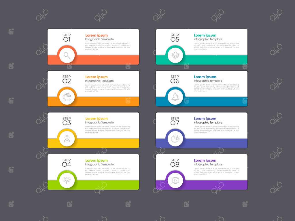 طراحی اینفوگرافیک مدرن کسب‌وکار با ۸ مفهوم گزینه، بخش، مرحله، فلش یا فرآیندها که می‌تواند برای طرح‌بندی گردش کار، نمودار، گزینه‌های شماره‌گذاری، طراحی وب، عناصر و بنر مورد استفاده قرار گیرد.