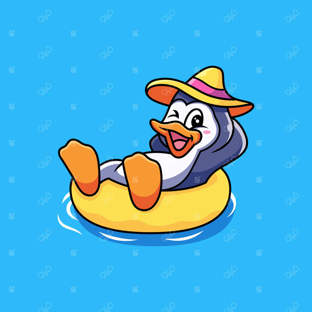کارتون پنگوئن در حال استراحت با حلقه شنا
