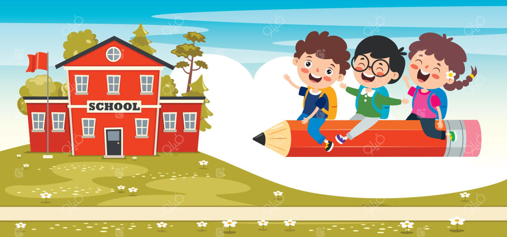 کودکان بامزه در حال پرواز روی مداد رنگارنگ