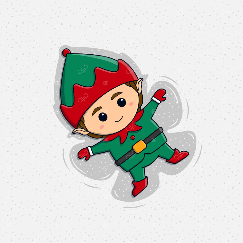 کودک الف کریسمس در حال ساختن فرشته برفی