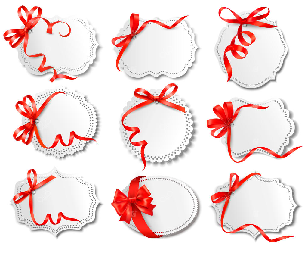 مجموعه کارت‌های زیبا با پاپیون‌های قرمز و روبان‌ها