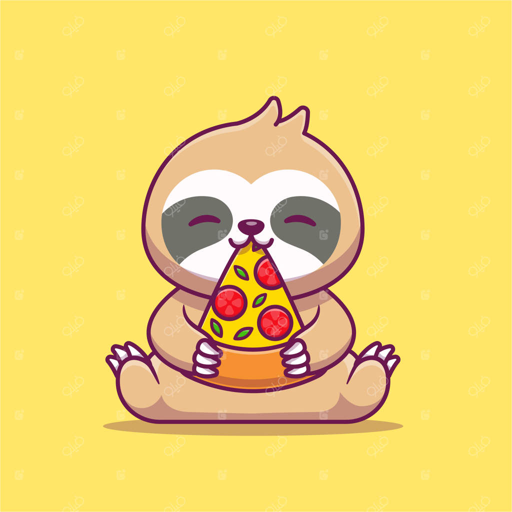آیکون کارتونی تنبل بامزه در حال خوردن پیتزا.