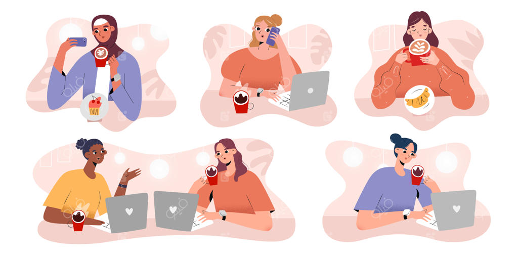 مجموعه‌ای از آدم‌ها در حال قهوه‌خوردن در کافه: فریلنسرهای زن و شخصیت‌های کارتونی