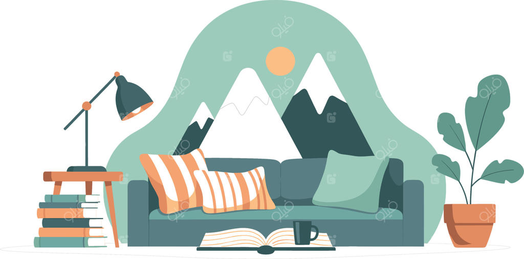 اتاق نشیمن دنج با طراحی داخلی مدرن و چشم‌انداز کوهستانی، فضایی آرام‌بخش برای مطالعه کتاب روی کاناپه