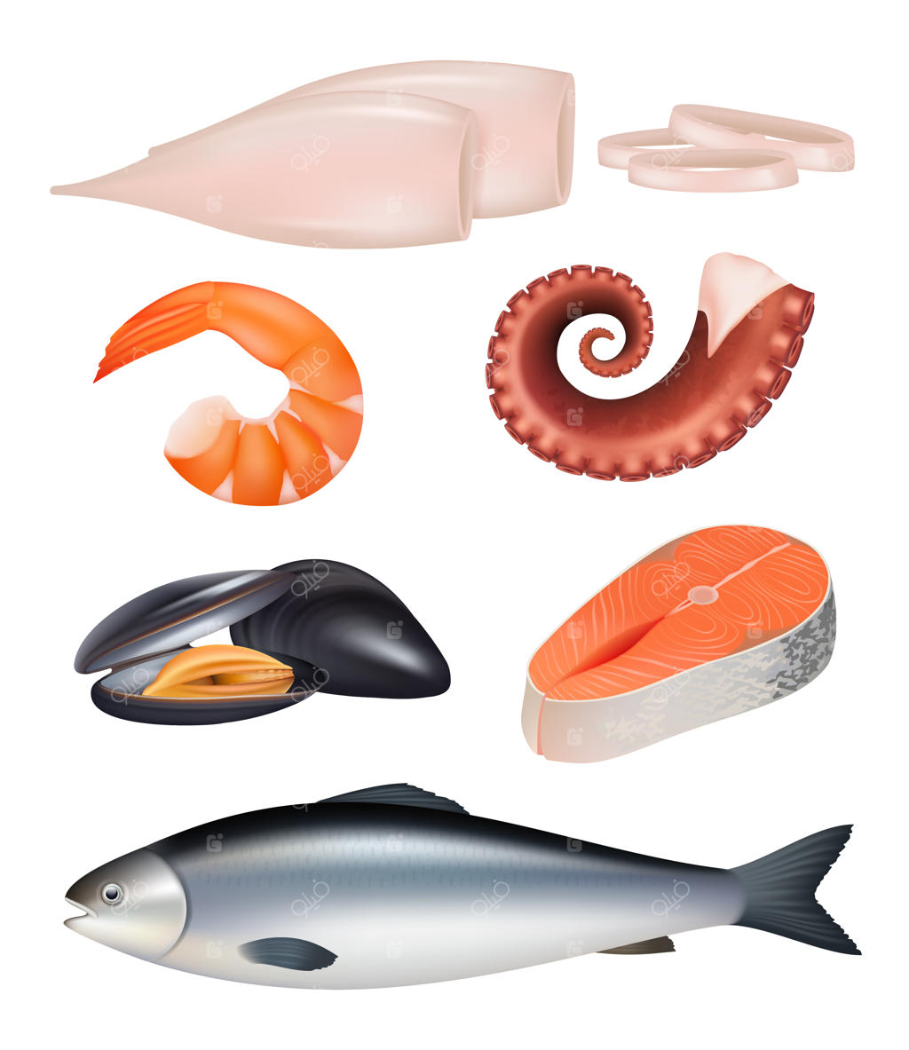 غذای دریایی: وعده‌ای از ماهی و اختاپوس، رژیم غذایی حاوی پروتئین طبیعی، تصویرسازی سه‌بعدی واقعی