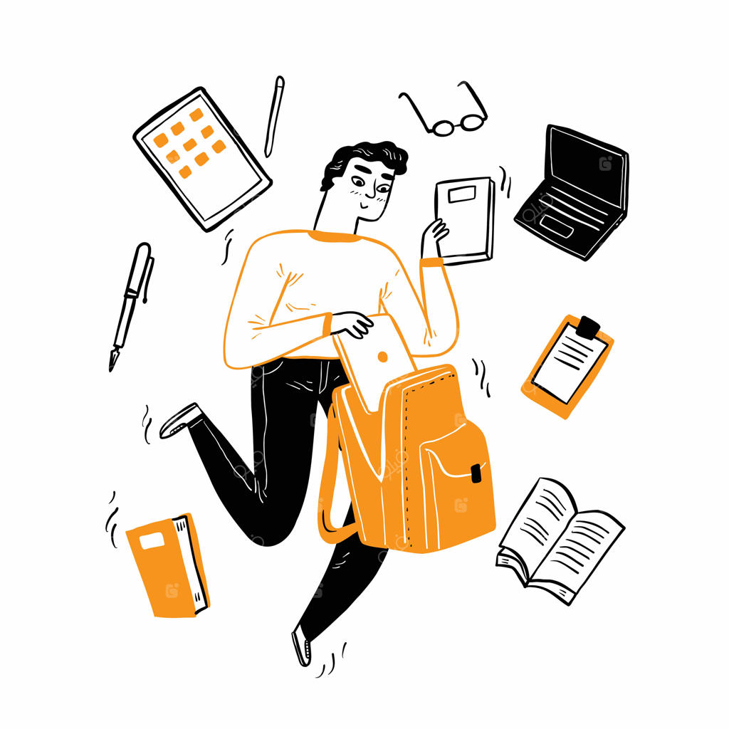 مرد جوان در حال آماده‌سازی وسایل مدرسه: دفتر، کتاب و تبلت را در کیف بزرگ قرار می‌دهد (تصویرسازی دست‌کشیده به سبک دودل)