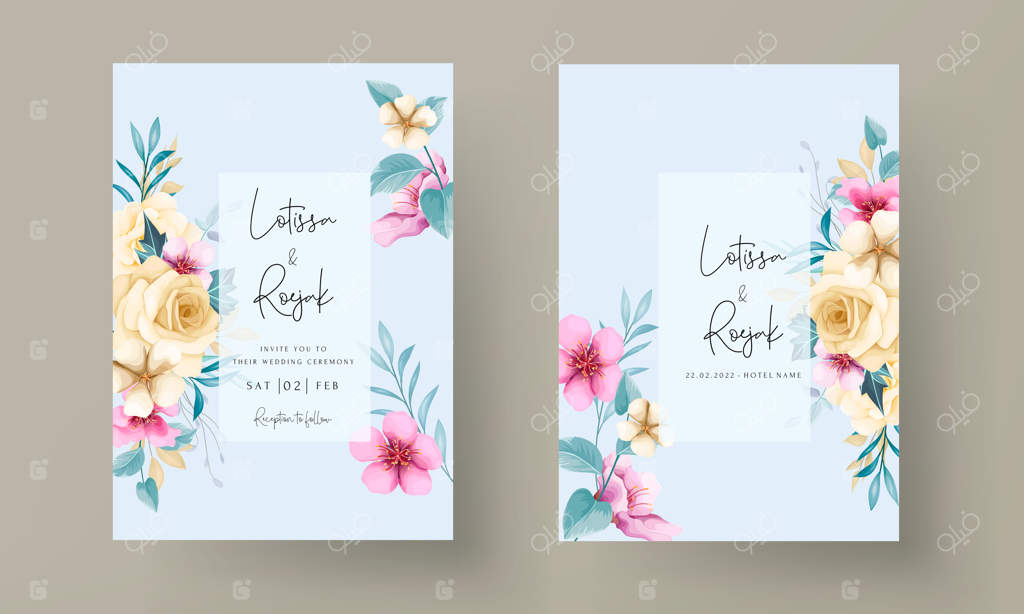 ست کارت دعوت عروسی با طرح دستی گل‌های رز زیبا