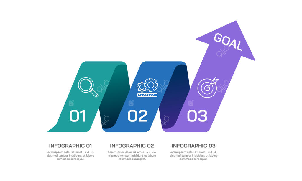 اینفوگرافیک سه مرحله یا فرآیند برای موفقیت: قالب ارائه تجاری با نمودار رشد.
