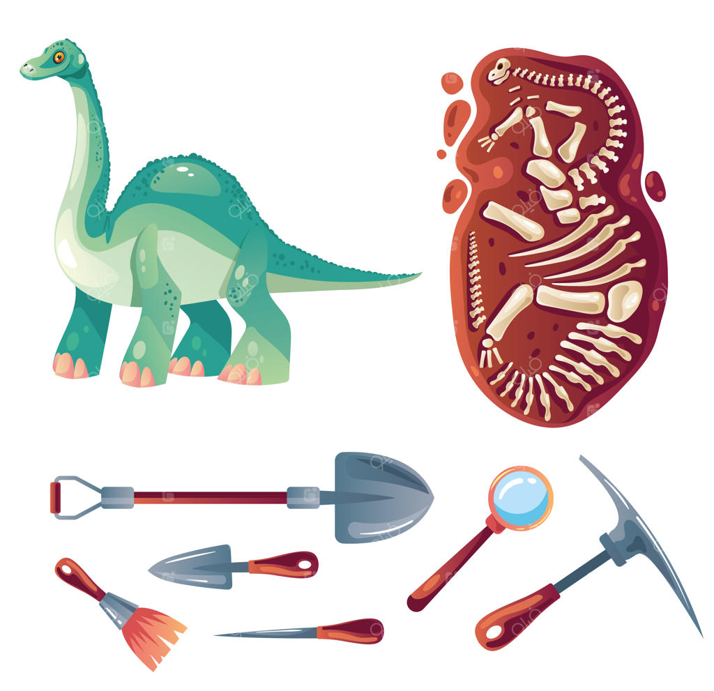 ابزارهای حفاری دایناسور در باستان‌شناسی و دیرین‌شناسی - مجموعه‌ای از عناصر طراحی گرافیکی تخت