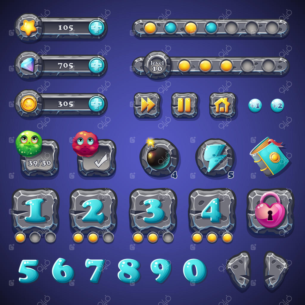 مجموعه دکمه‌ها، نوارهای پیشرفت و المان‌های سنگی برای طراحی وب و رابط کاربری بازی‌های کامپیوتری