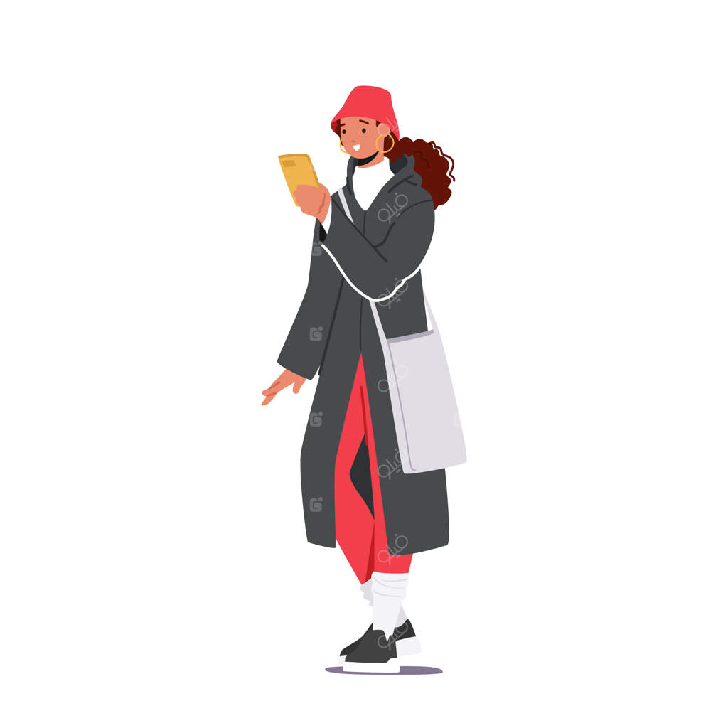 شخصیت دختر جوان با لباس زمستانی مد روز - مفهوم مد زمستان - دختر با لباس گرم در پس‌زمینه سفید