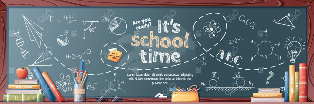 قالب بنر با تخته‌سیاه و خط گچی: بازگشت به مدرسه و روز دانش. مناسب برای بنر، پوستر، بروشور، پس‌زمینه و غیره.