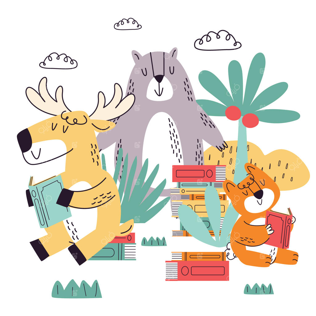 تصویرسازی دستی حیوانات کودکانه در حال کتاب خواندن