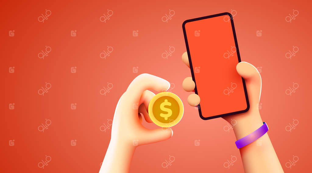 مفهوم پرداخت آسان آنلاین با کارتونی از دست، تلفن و سکه: خرید و کسب و کار اینترنتی پولی