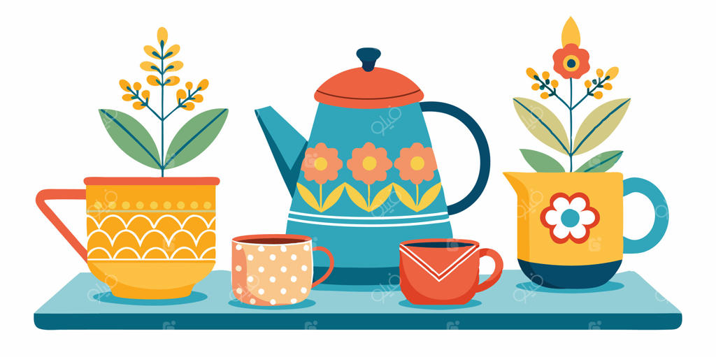 فنجان‌های قهوه و قوری‌های رنگارنگ روی سینی