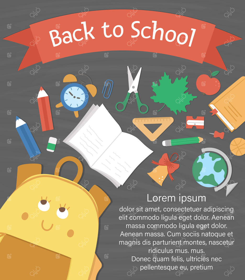 ترکیب وکتور بازگشت به مدرسه با کیف مدرسه کیووت و روبان، زنگ، برگ و ساعت زنگ‌دار. طراحی آموزشی جذاب برای بنرها، پوسترها و دعوت‌نامه‌ها. قالب کارت عمودی با لوازم‌التحریر بامزه