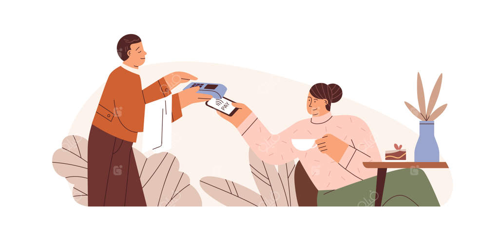 پرداخت موبایلی بدون پول نقد در کافه: مشتری هزینه قهوه را با گوشی هوشمند و فناوری NFC پرداخت می‌کند. иллюстریسیون تخت سافید زمینه بuestosов блий درحتراف باidzwaح полсکر ұستانو الاستтаwhen مردевردف بخvvezагор ймнбшенноvector бали детмашинускиен қозғgin날...