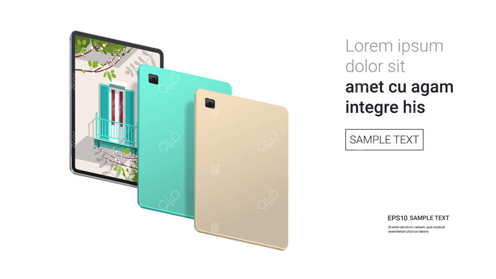 تبلت با تصویر زمینه زیبا روی صفحه نمایش، مدل واقعی جداسازی شده روی دیوار سفید