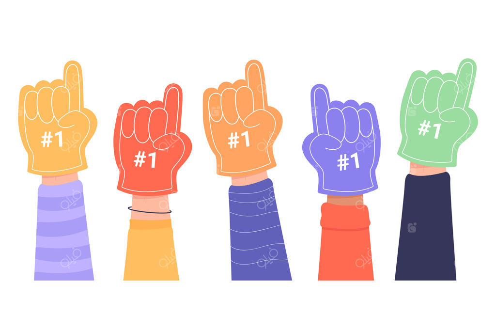 تصویر وکتور تخت از دست‌های فومی رنگی هواداران. هواداران مسابقات ورزشی تشویق‌کننده تیم فوتبال، ساکر یا بسکتبال. مفهوم حمایت، رقابت، تشویق و پیروزی.