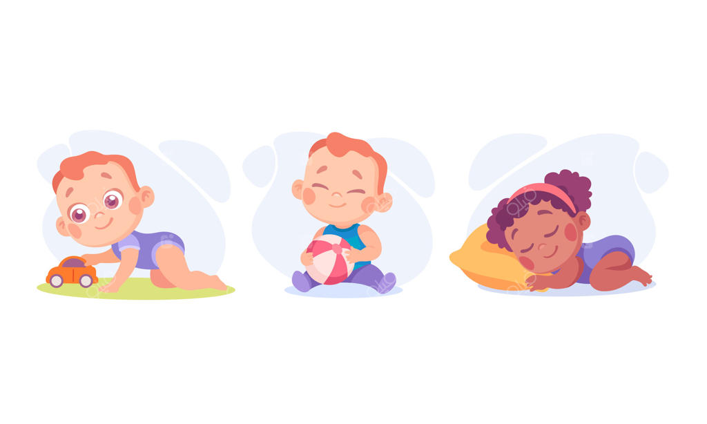 سه کودک کارتونی در حال بازی با اسباب‌بازی‌ها