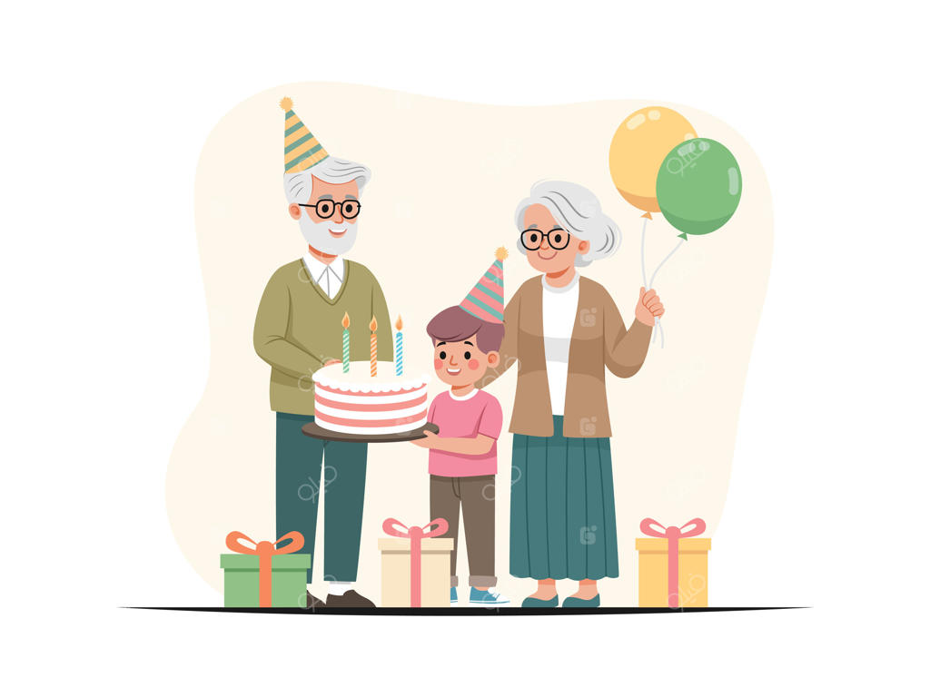 تصویرسازی تخت پدربزرگ و مادربزرگ در جشن تولد نوه‌ها همراه با هدیه، بادکنک و کیک